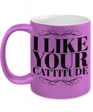 Ceramic 11oz Highest quality Printing Dishwasher safe Microwave safe Hot Pink, sparkly exterior Gloss white interior Practical and useful Gift for the cat lover Printed in the USA Shipped from the USA