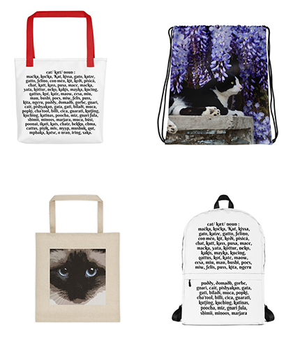 Carryalls, bags, totes, backpacks, drawstring bags - gym, mall, beach or work for you or as a practical and useful gift to any cat lover
