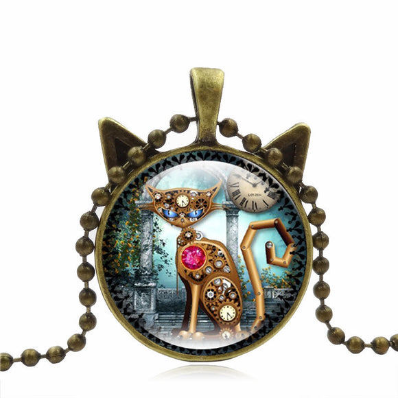 Mechanical Steampunk Cat - Necklace in Black, Silver or Brass finish